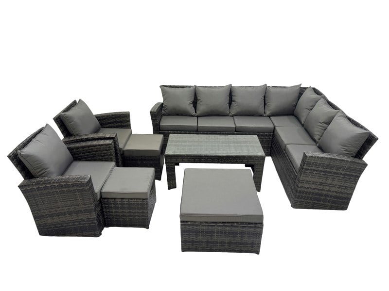 Fimous Rattan Garden Furniture Set 8 Pieces Outdoor Garden Sofa Oblong Coffee Table Set with Chair 3 Footstools Dark Grey Mixed