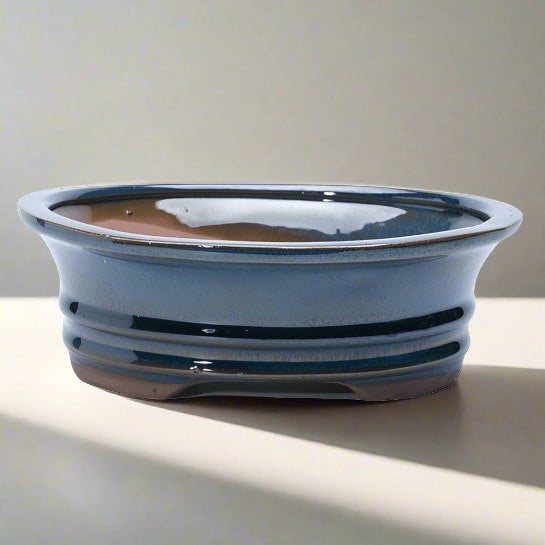 18cm Glazed Bonsai Pot | Oval | 18cm x 14cm x 4cm | Blue - Yorkshire Bonsai