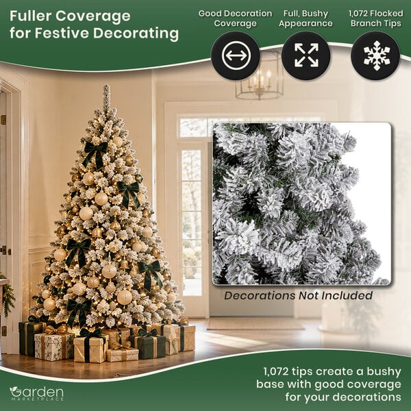 Flocked Woodcote Spruce Artificial Christmas Tree with Snow, 2.1m (7ft) Tall, 1072 Tips, Hinged Branches, 127cm Diameter, Metal Stand Included