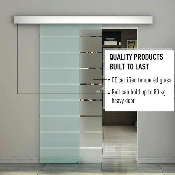 Frosted tempered glass sliding door with stripe pattern and top rail track system