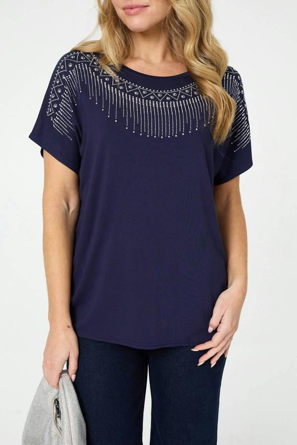 Navy | Diamante Detail Relaxed Short Sleeve Top