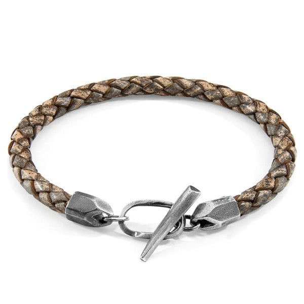 Anchor & Crew Taupe Grey Jura Silver and Braided Leather Bracelet