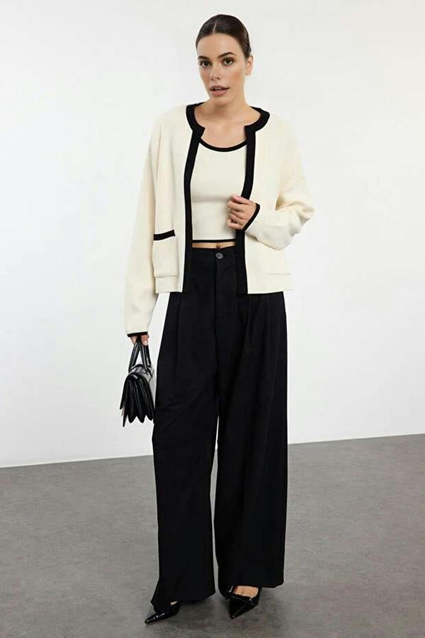 WOVCOR 2-Piece Color Block Knit Blouse-Cardigan Set