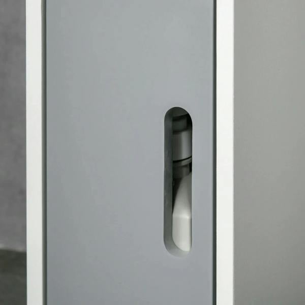 Cabinet door with arched cut-out handle opening exposing an interior shelf