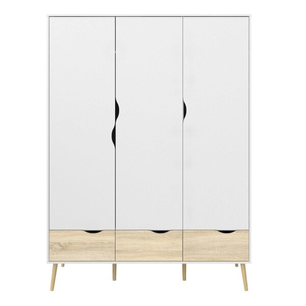 Wyld Haus Sapporo White and Natural Oak Effect Wardrobe 3 Doors 3 Drawers