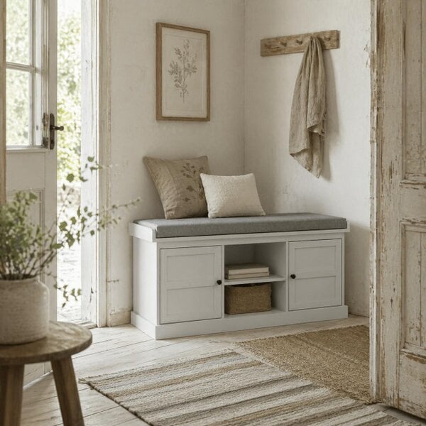 Wyld Haus Lire Wooden White And Grey Multi Compartment Shoe Bench With Cushioned Top