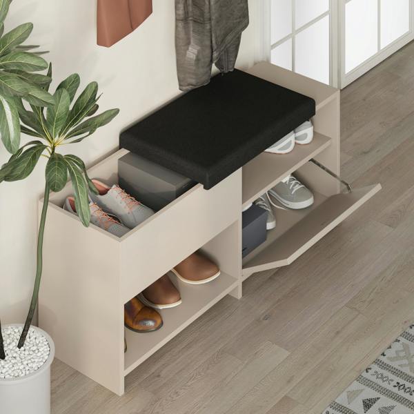 Decortie Modern Filux Shoe Bench Rack Sliding Fabric Seat and 120.3(W) Storage Cabinet 2-Tier Open Shelves Hallway
