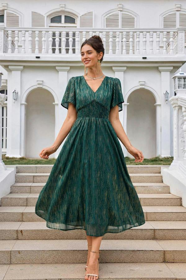 FS Collection Angel Sleeve Gold Stripe Foil Midi Dress In Green