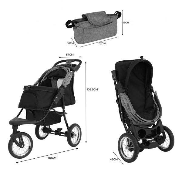 Grey pet jogger with a spacious seat, sturdy wheels, and a detachable storage bag, featuring adjustable canopy and comfortable grip handles