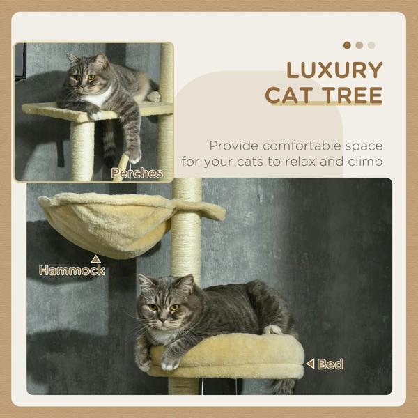 Beige cat tree luxury tower with hammock bed, perches, and hanging ball toys