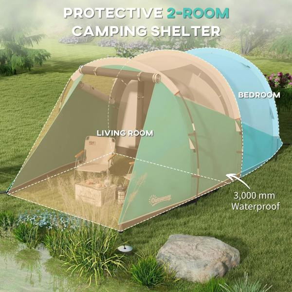 Two-room tunnel camping shelter with green walls, gray roof, and separate living area and bed area