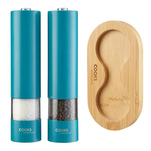 Cooks Professional Electric Salt and Pepper Mill Set with Bamboo Base | Teal