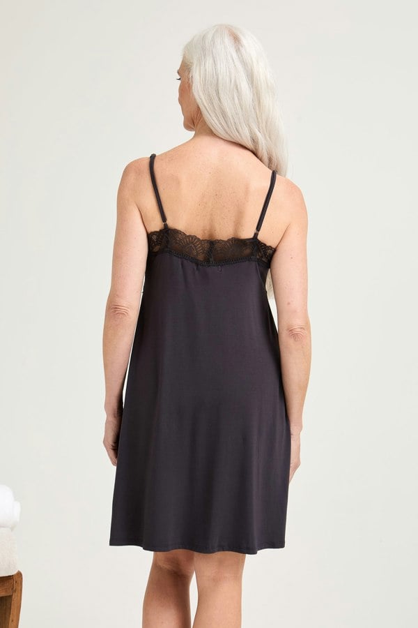 Pretty You London Women's Bamboo Lace Chemise Nightdress in Raven