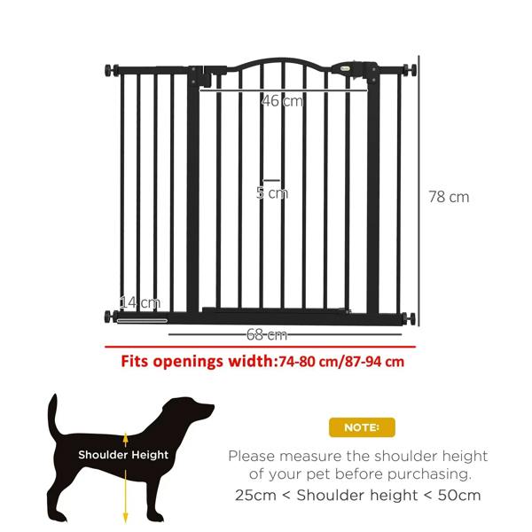 Black metal pet gate safety barrier with vertical bars and auto-close door