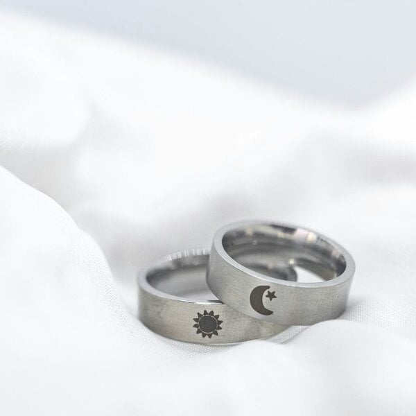 The Colourful Aura Stainless Steel Couple Moon and Sun Promise Wedding Band Ring Set