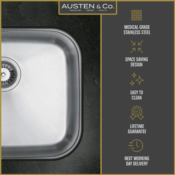 Austen & Co. Amalfi Large Stainless Steel Undermount Single Bowl Kitchen Sink, Lifetime Guarantee, Easy To Clean, Fast Delivery