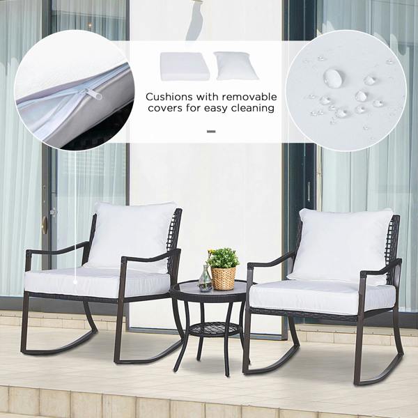 Wyld Haus Madile Brown Rattan 3 Piece Bistro Set With Rocking Chairs And Round Glass Coffee Table
