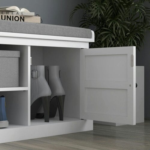 Wyld Haus Lire Wooden White And Grey Multi Compartment Shoe Bench With Cushioned Top