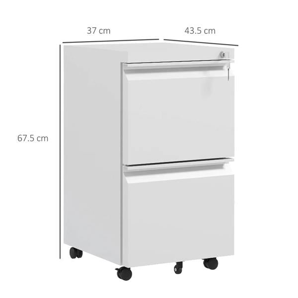 White steel 2-drawer filing cabinet on casters with top and bottom drawer fronts