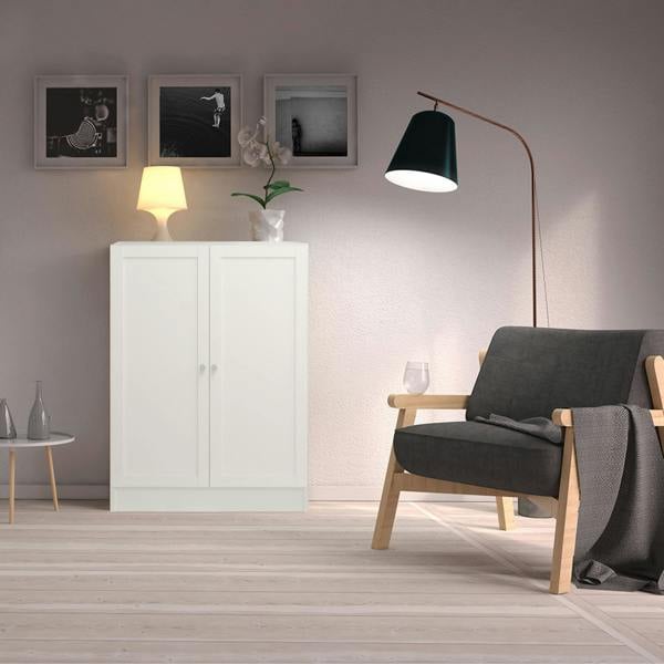 Furniture To Go Basic Low Wide Storage Cabinet in White (2 Shelves) with 2 White Doors
