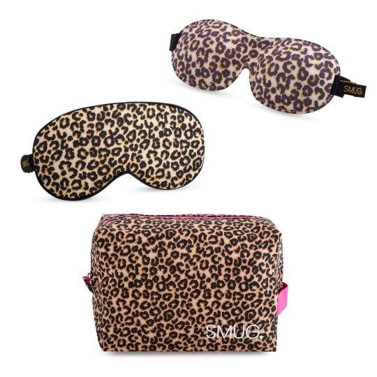 SMUG Contoured & Satin Sleep Mask Double Pack & Wash Bag Set- Various Prints - Leopard