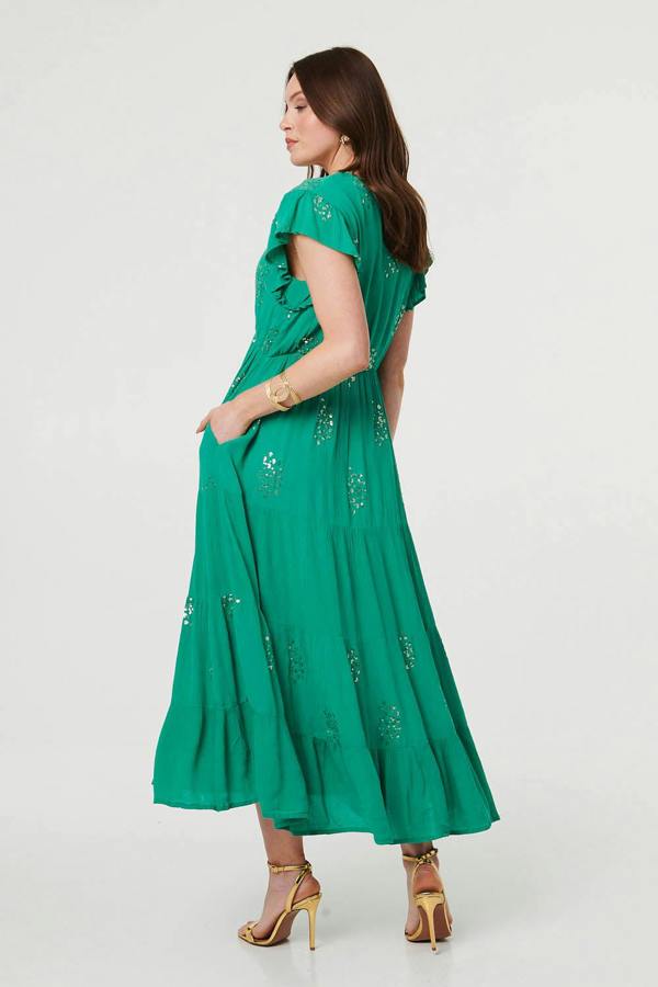 Green | Sequin Detail Cap Sleeve Maxi Dress