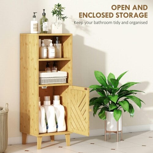 Wyld Haus Mire Slim Freestanding Bathroom Storage Cabinet With Bamboo Door Legs And OFauxn Compartments Natural Wood Finish