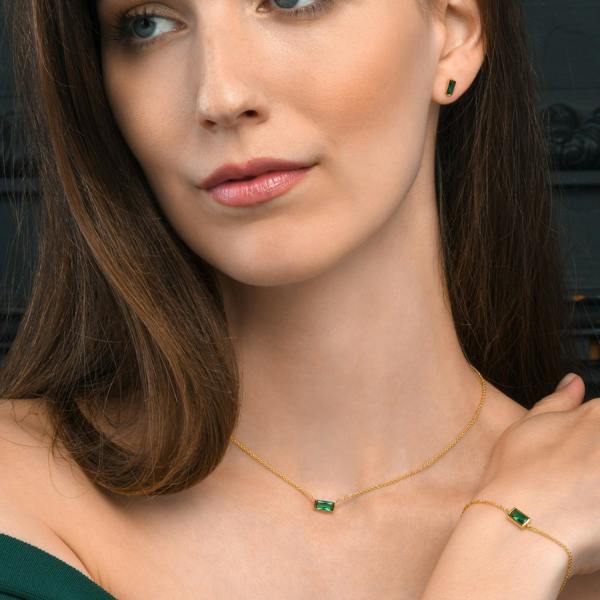namana Dainty Gold plated Green Baguette Stud Earrings in 925 Sterling Silver For Women