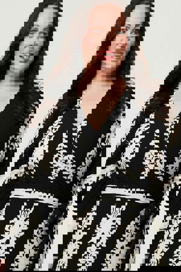 Black | Curve Ikat Print 3/4 Sleeve Wrap Maxi Dress