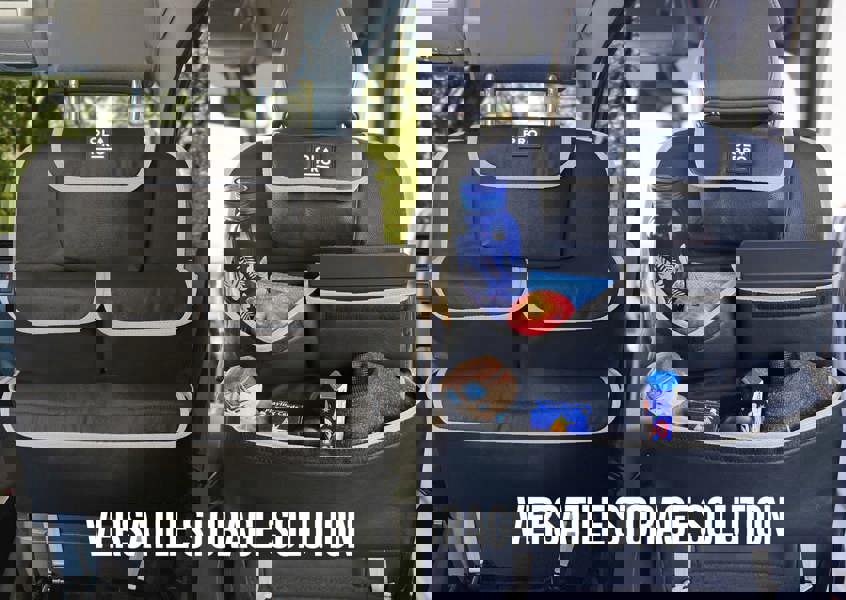 The Rear Single Seat Storage Organiser infographic depicting that the organiser is a versatile storage solution.