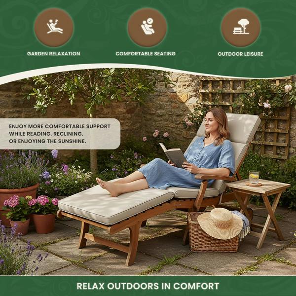 Steamer Chair Cushion – Outdoor Garden Seat Pad with 6cm Padding, Washable Cover & Adjustable Straps, Beige, 49cm Wide