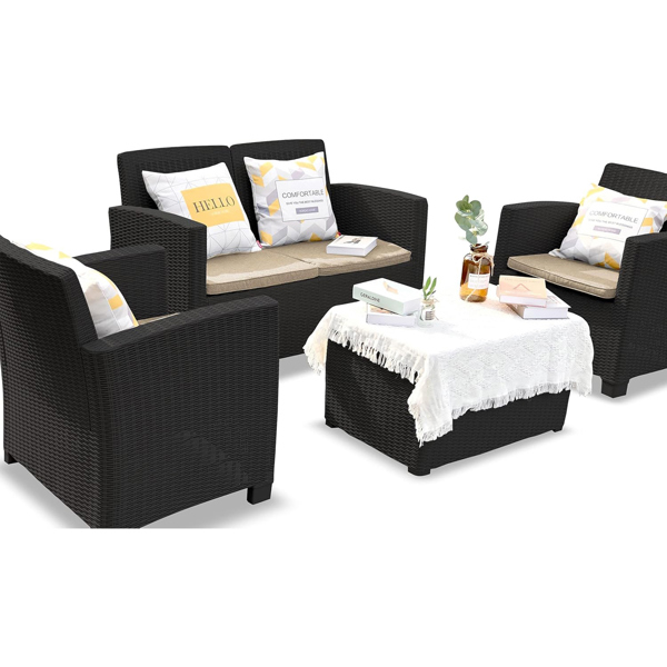 Homeology SANTANA 4 Piece PE Rattan 4-Seater with Cushions Garden Furniture and Coffee Table Set in Black