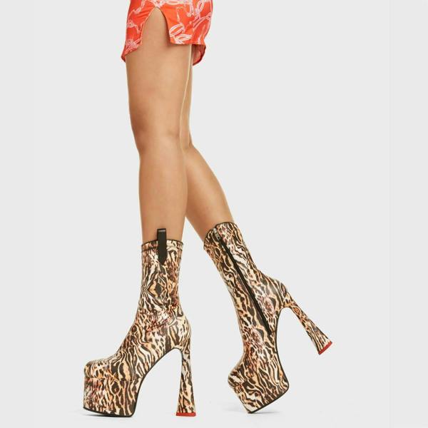 Lamoda Explosive Tiger Stretch PU Lace-Up Ankle Boots Bold Urban Street