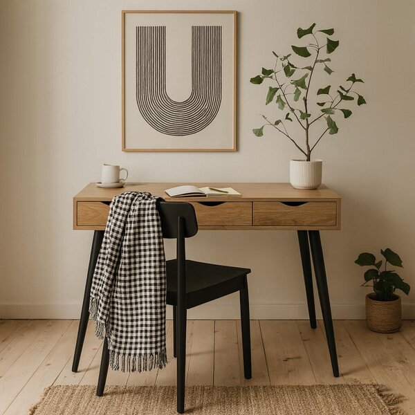 Wyld Haus Dresden Natural Oak Effect Wood Office Desk 3 Drawers Black Legs