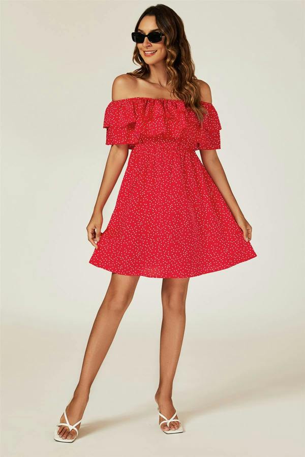 FS Collection Polka Dot Bardot Frill Mini Dress In Red