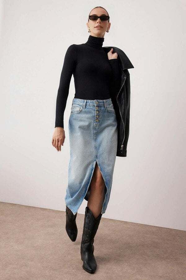 WOVCOR Button Front Split Midi Denim Skirt