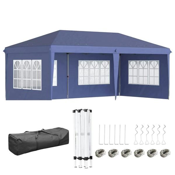 Blue pop-up gazebo tent with sidewalls and white window panels, includes storage bag