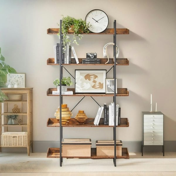 Rafaelo Mobilia Industrial 5 Tier Bookcase Storage Shelf Unit Rustic Brown
