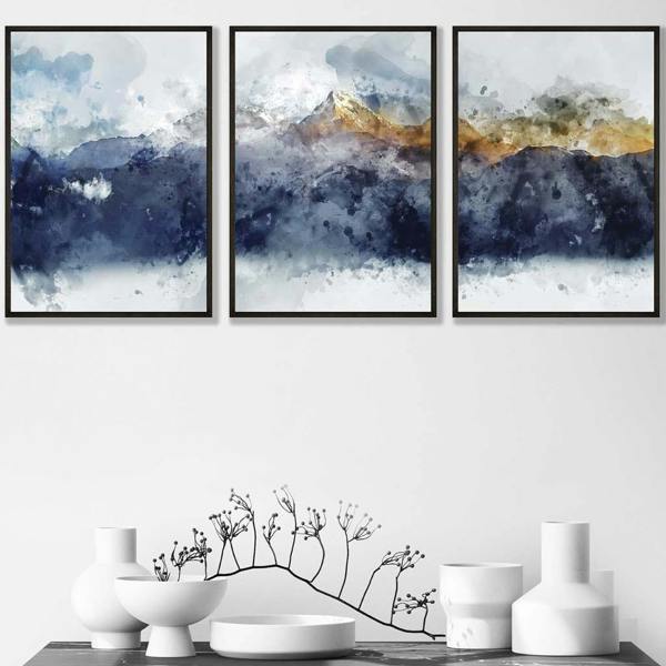 Set of 3 Abstract Art Prints of Paintings Navy Blue Yellow Golden Mountains