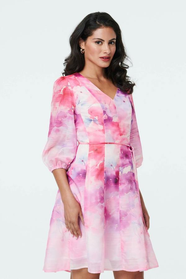 Pink | Floral Layer 3/4 Puff Sleeve Short Dress