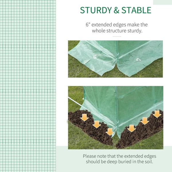 Green greenhouse cover with reinforced extended edges for securing by burying