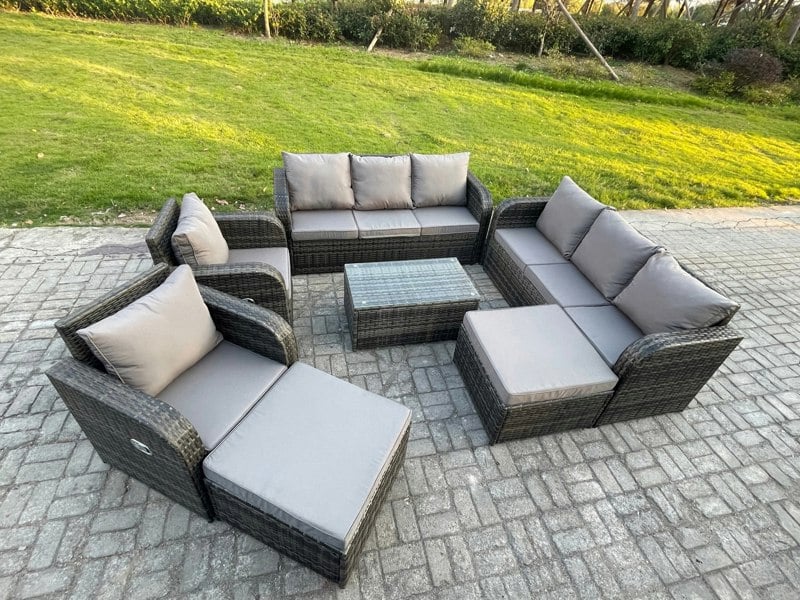 Fimous Wicker PE Rattan Garden Furniture Set 10 Seater Outdoor Lounge Sofa Set with Coffee Table 2 Big Footstool Dark Grey Mixed