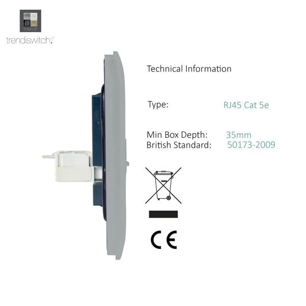 Trendi Switch 2 Gang RJ45 Cat 5e PC Ethernet Socket in Platinum Silver