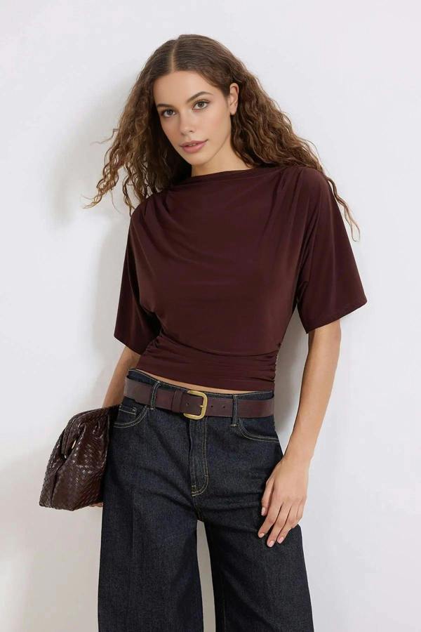 WOVCOR Boat Neck Batwing Sleeve Stretchy Knit Blouse
