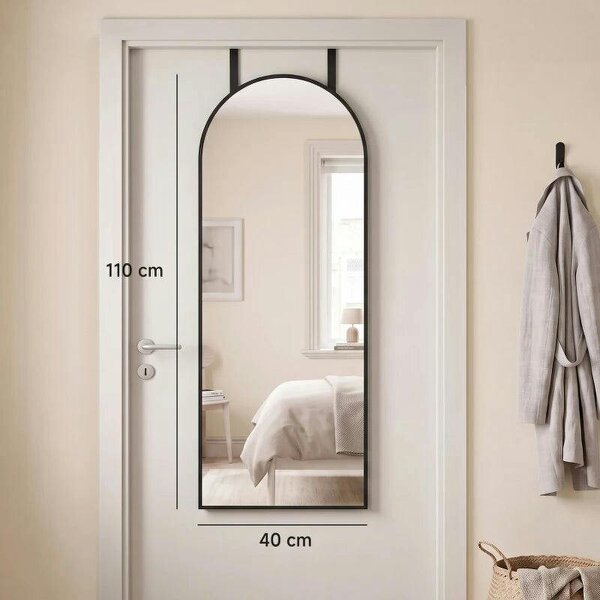 40 x 110 cm Full Length Hanging Mirror, Arched Mirror with Adjustable Hooks, Over-the-Door or Wall-Mounted, Black