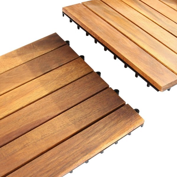 Natural wooden decking tiles featuring rich brown hues, smooth texture, and interlocking edges for easy installation and outdoor use