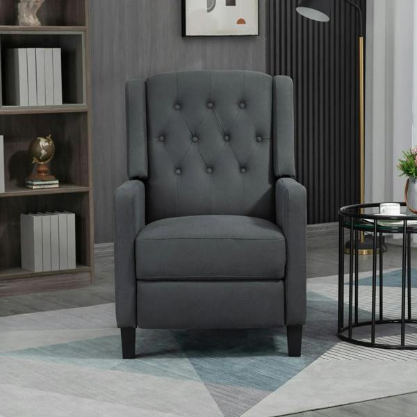 Charcoal grey wingback recliner armchair with button-tufted back and side arms