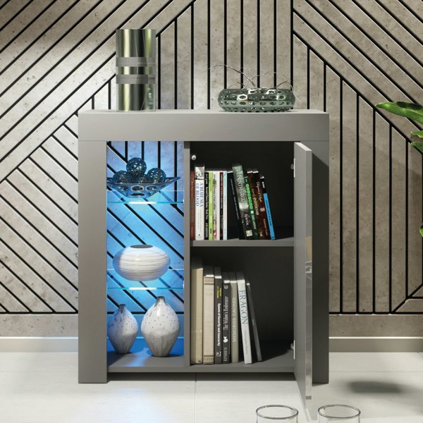 Mex Furniture 83cm Cabinet Cupboard Sideboard with Grey High Gloss Door and Free LED Lights