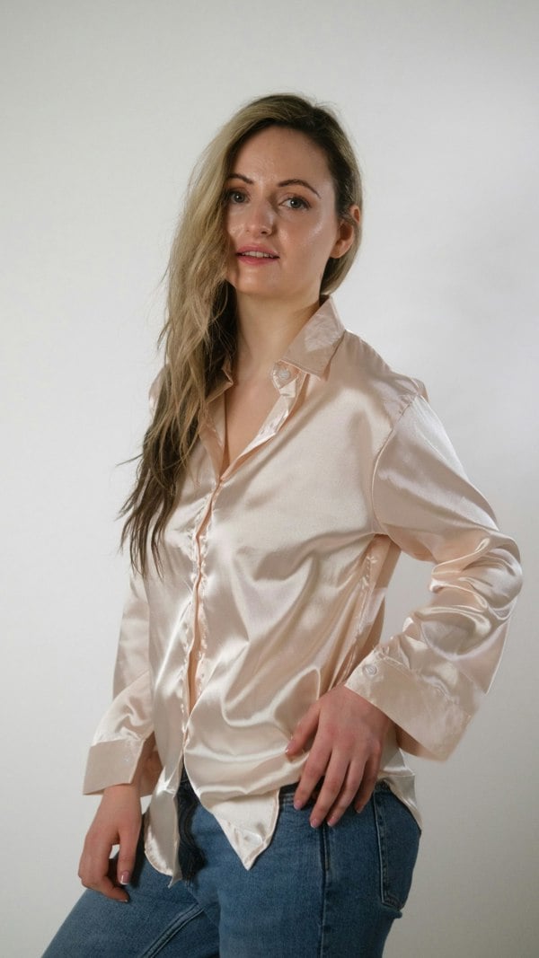 The Colourful Aura Beige Silk Satin Plain Long Sleeve Solid Print Loose Shirt