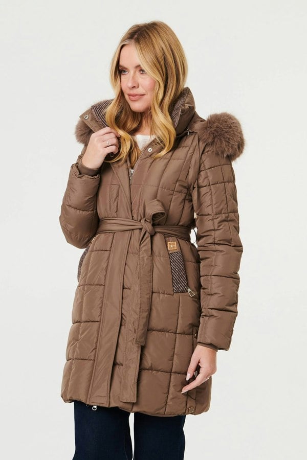 Khaki | Faux Fur Hood Textured Puffer Jacket
